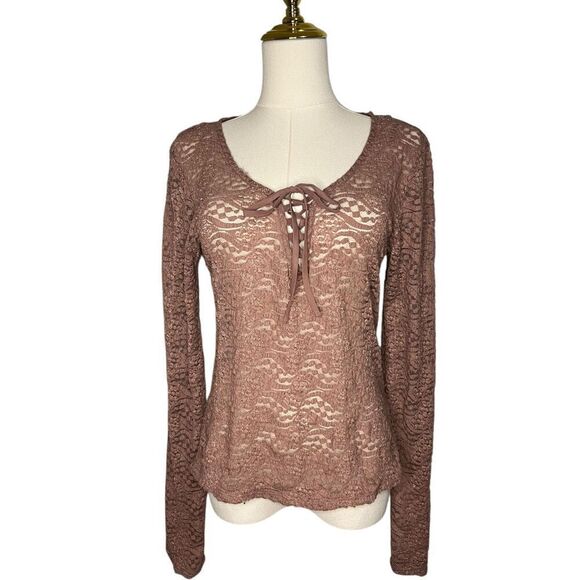 Aeropostale Women’s Large Lace Long Sleeve Pullover Blouse Mauve Lace Up Top Y2K - Picture 2 of 7